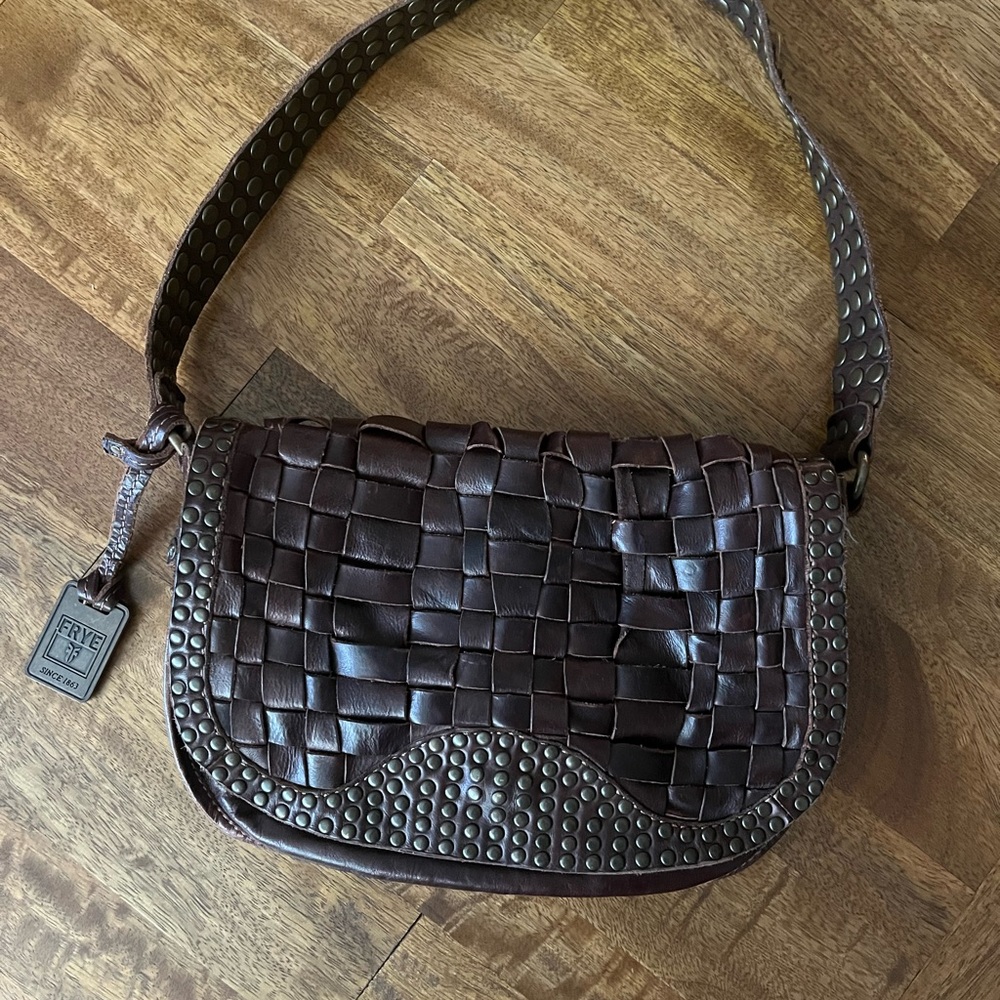 Frye Stacy Studded Brown Woven Leather Shoulder Bag with Braided Strap